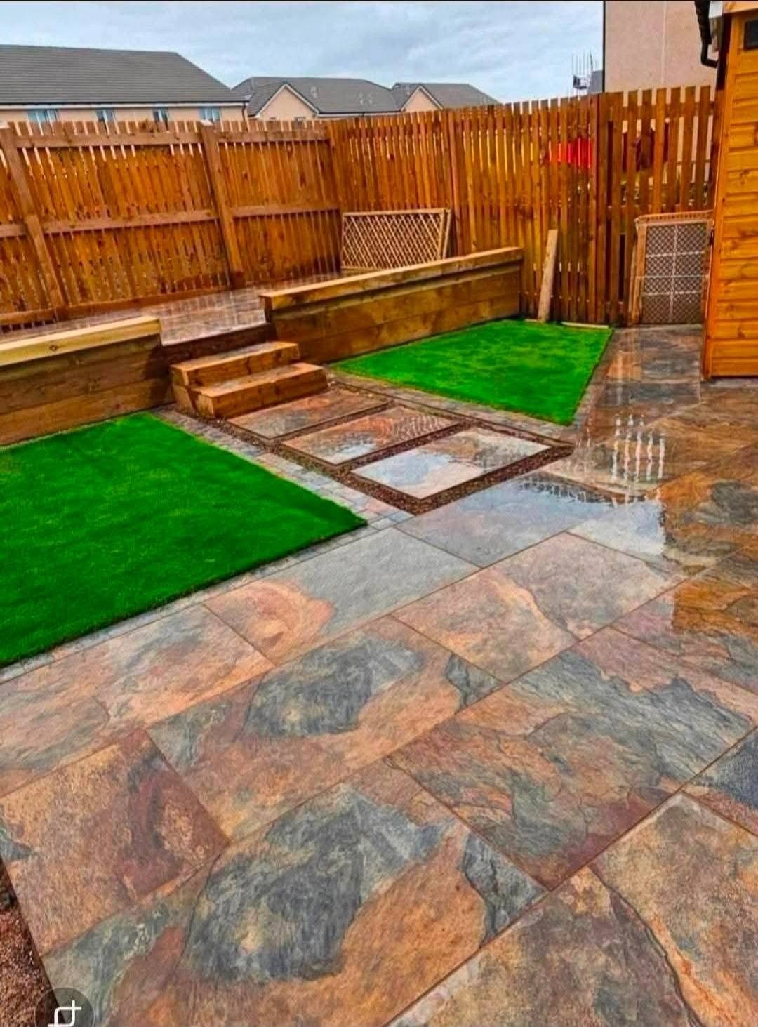Rear garden transformation with patio, sleeper steps and lawn